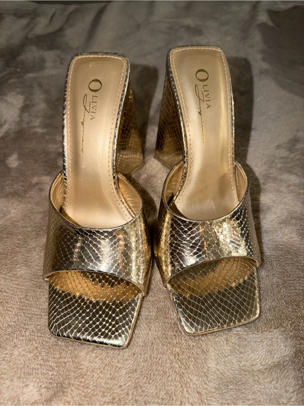 Olivia Gold Snake-Textured Slide Mules